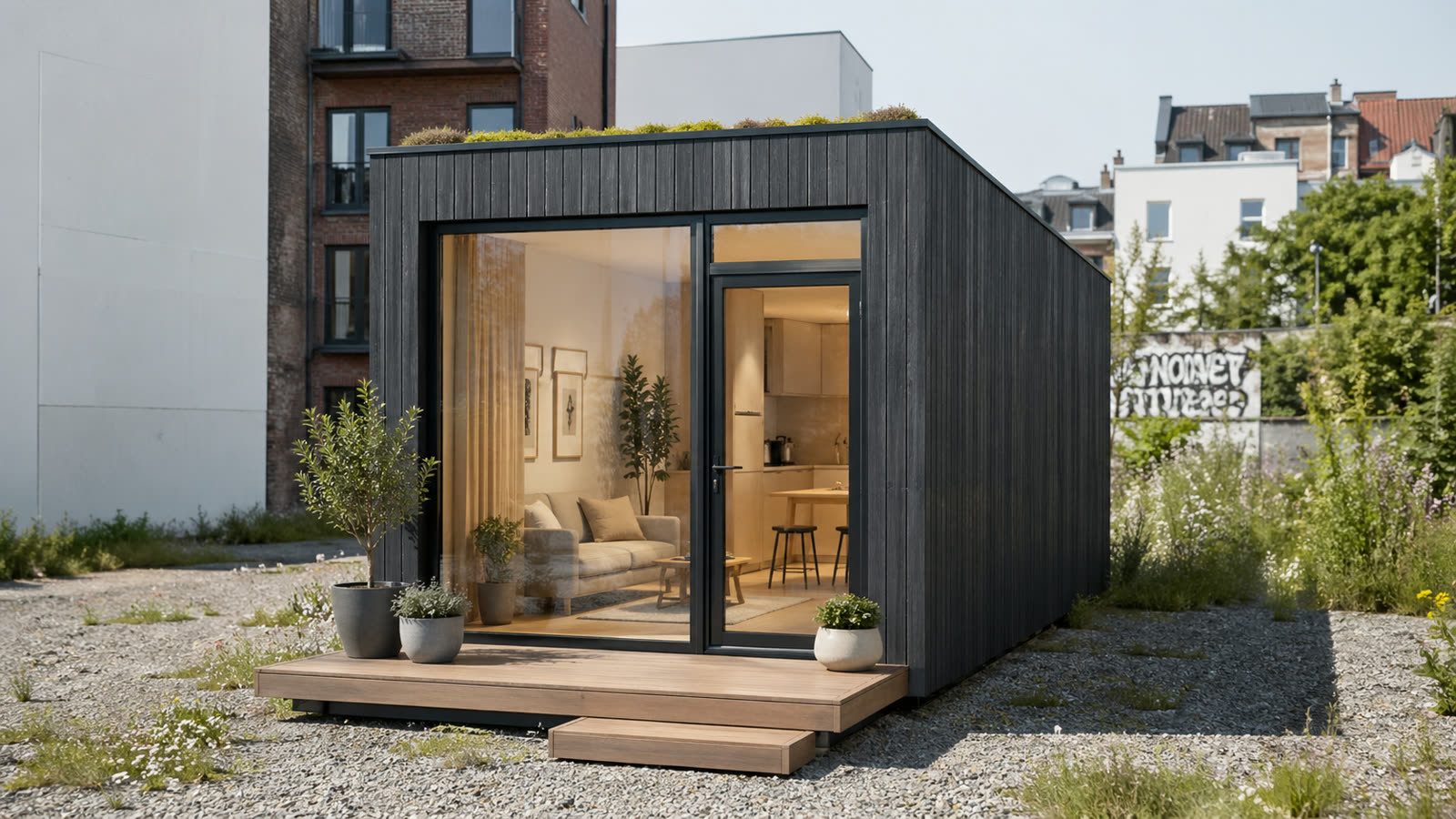 Modernes CoMod-Modulhaus aus dunklem Holz mit Gründach und großer Glasfront, eingerichtet mit Wohnbereich und Küche, auf einer innerstädtischen Brachfläche zwischen Altbauten.
